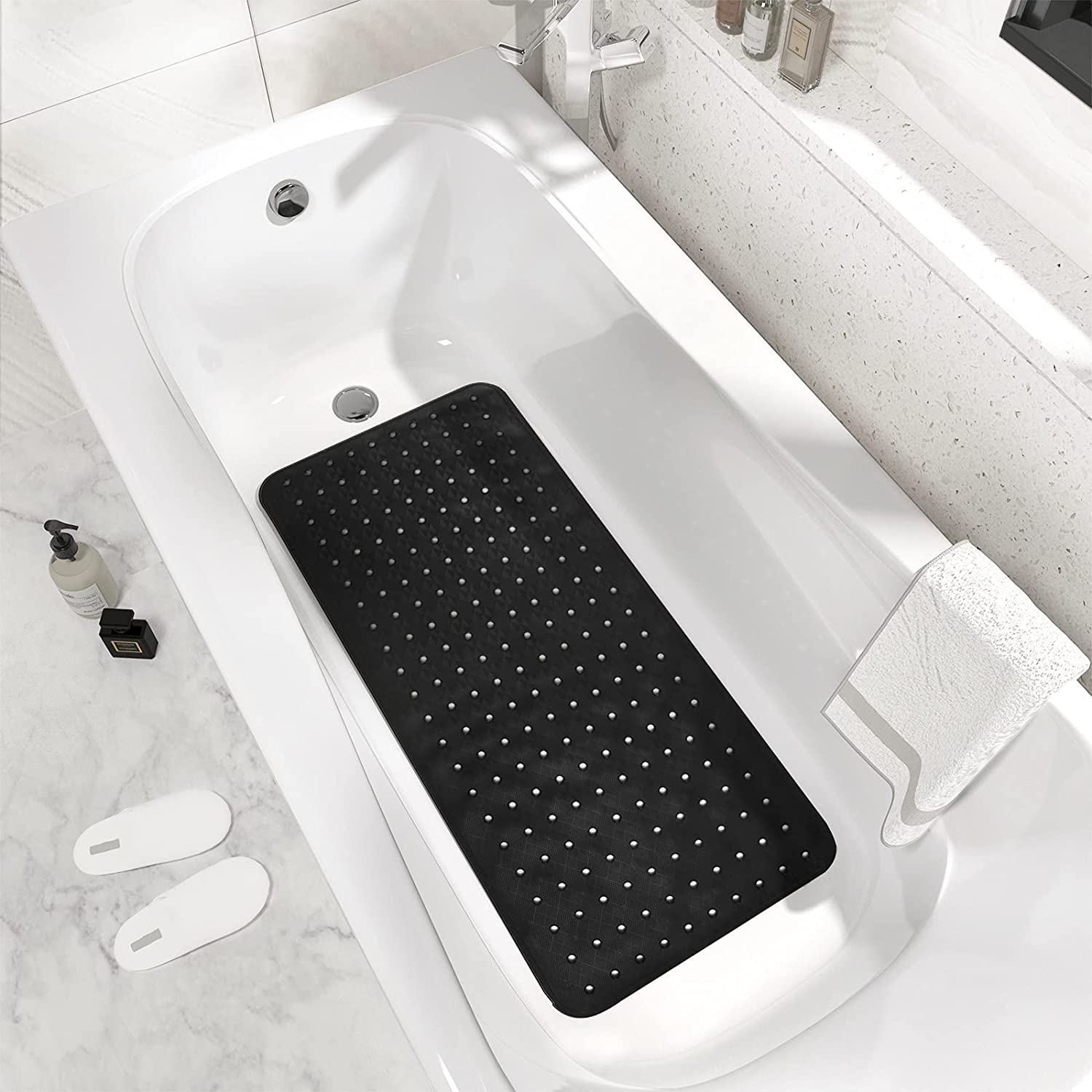 DEXI Bath Tub Shower Mat Non-Slip 16 x 39 Extra Long Bathtub Mats, Suction Cups, Drain Holes, Machine Washable Bathroom Mat, Clear